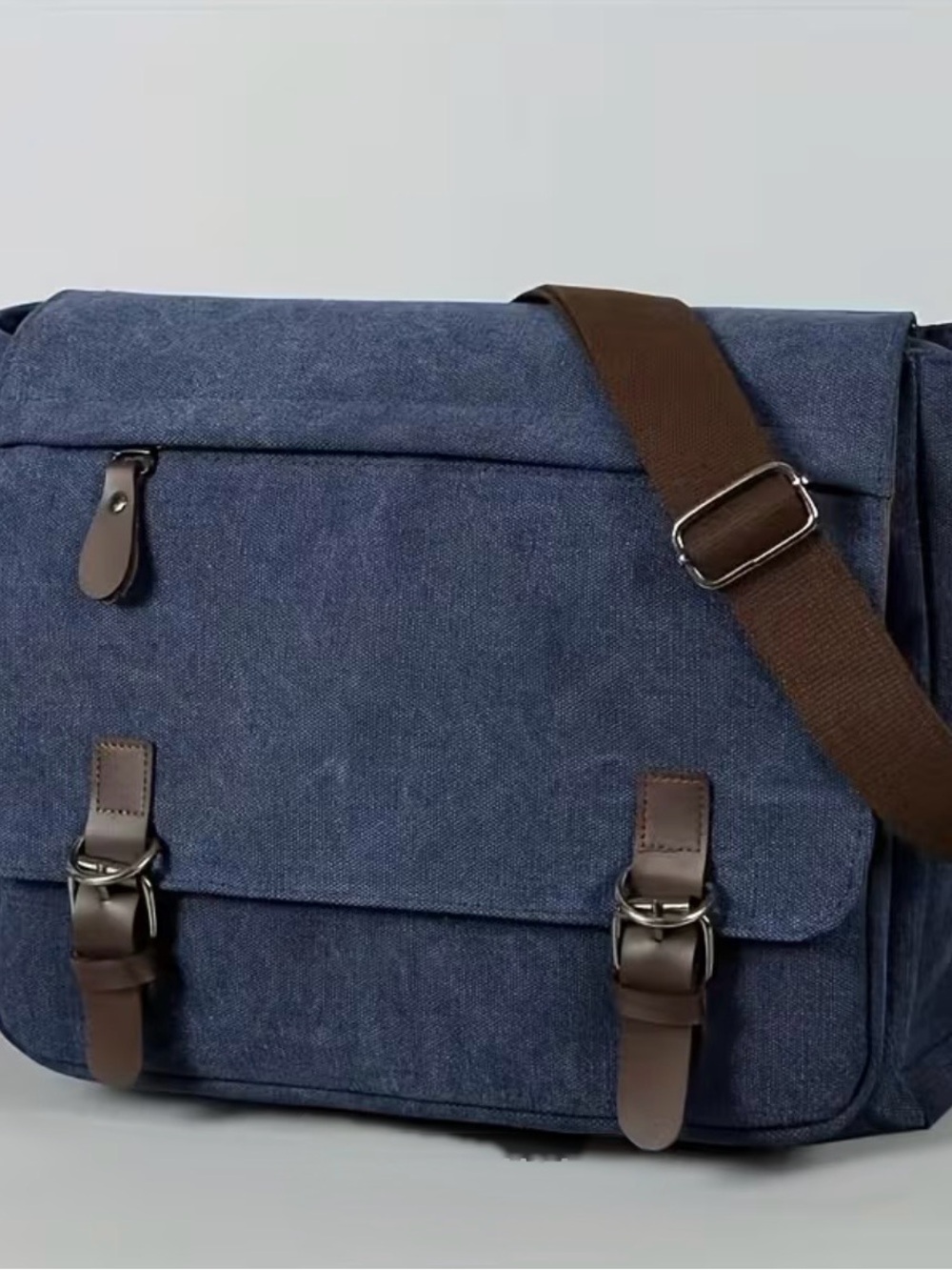 Classic Navy Canvas Messenger Bag with Brown Accents